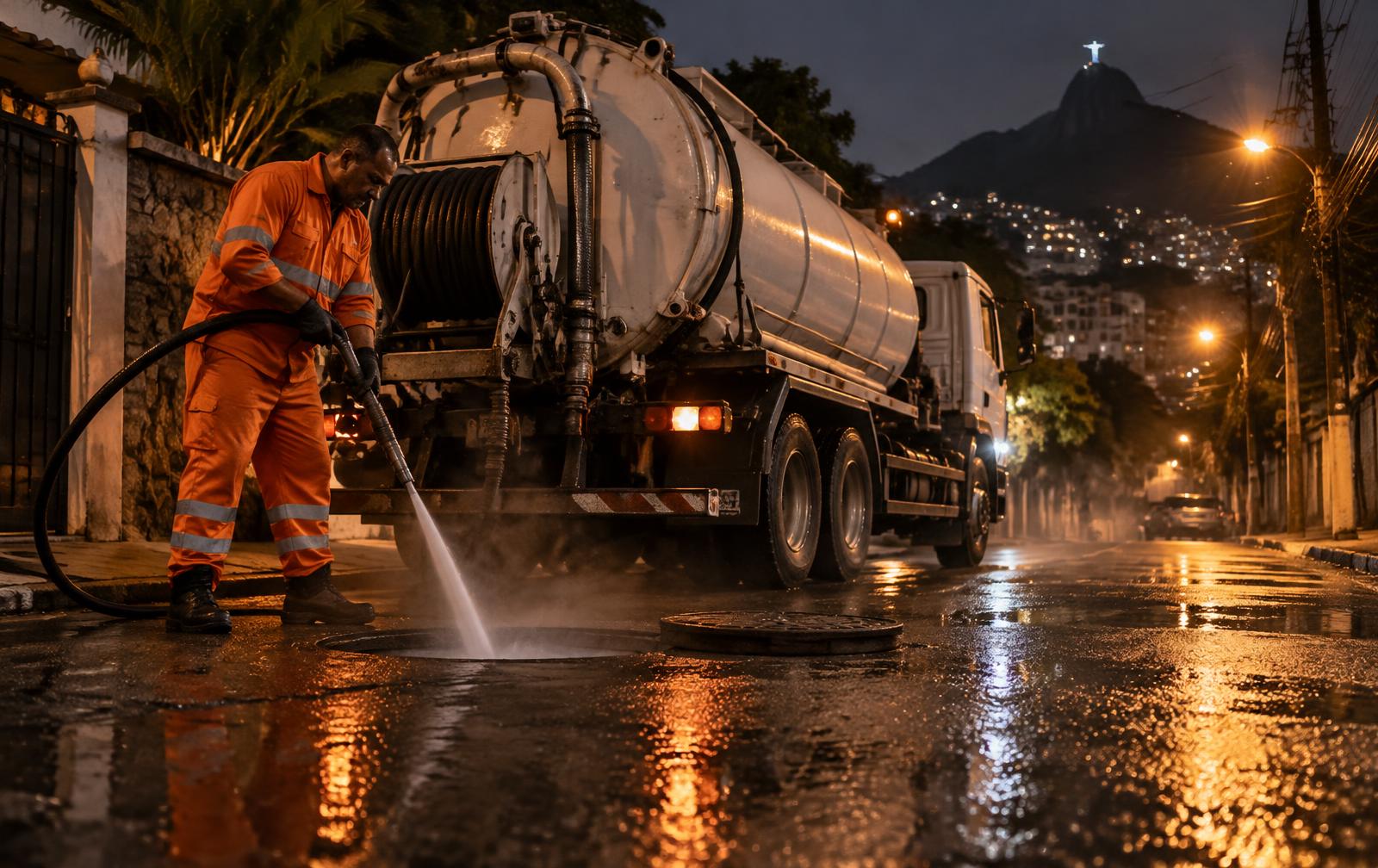 Equipe da Desentupidora Jato Forte desentupindo rede de esgoto no Rio de Janeiro